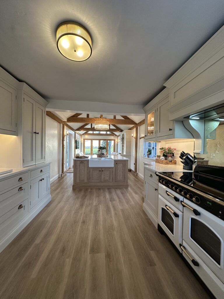 Bespoke handmade kitchen in Essex with open cabinets and smart storage