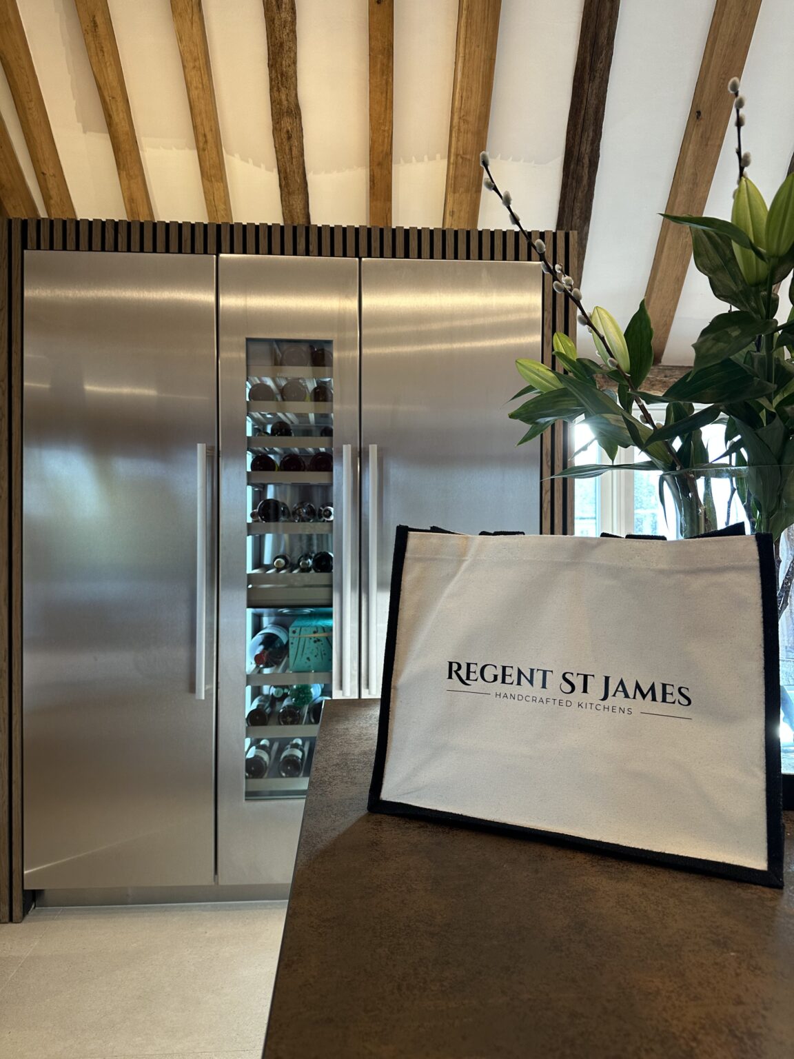 Bespoke Essex kitchen installation showing handcrafted cabinetry and freestanding storage larders.