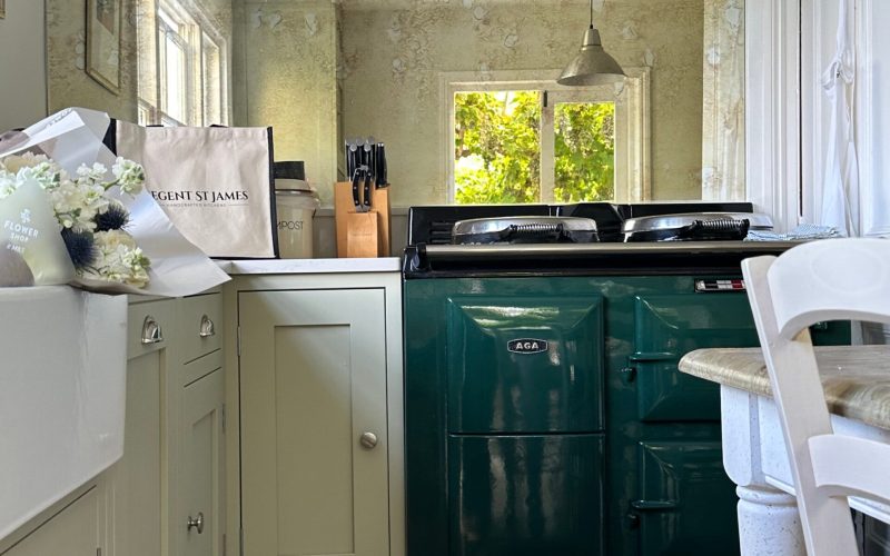 Bespoke kitchens finance with classic shaker cabinets and green Aga cooker.
